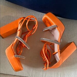 Allegra K Vibrant Orange Platform Heels with Silver Straps